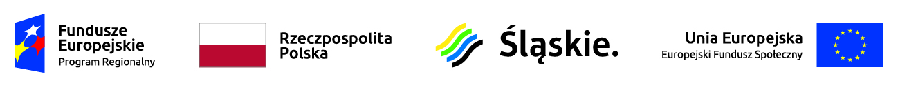 Logotyp Europejskiego Funduszu Społecznego składający się ze znaku Fundusze Europejskie, barwy RP, logo Województwa śląskiego i znak Unia Europejska